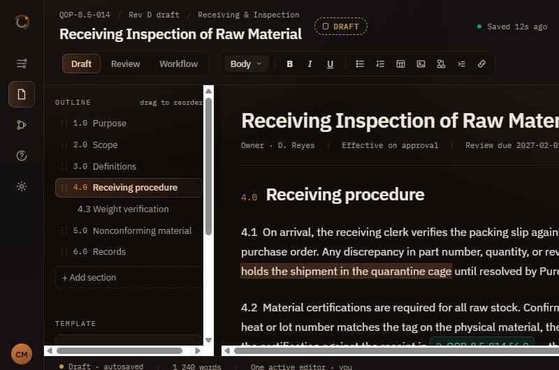 The Revari authoring screen: a document outline with numbered sections on the left, a receiving-inspection procedure being edited in the centre with a highlighted change, and a toolbar above it.
